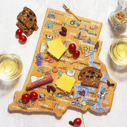 Tennessee State Shaped Cutting Board, Art by Fish Kiss | State charcuterie board with colorful hand-drawn map artwork. Smooth reverse side for food prep. Hang tie for wall display. - Colors B