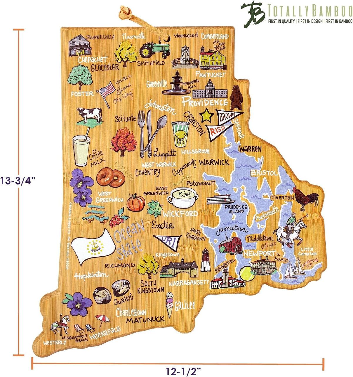 Tennessee State Shaped Cutting Board, Art by Fish Kiss | State charcuterie board with colorful hand-drawn map artwork. Smooth reverse side for food prep. Hang tie for wall display. - Colors B