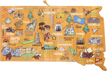 Tennessee State Shaped Cutting Board, Art by Fish Kiss | State charcuterie board with colorful hand-drawn map artwork. Smooth reverse side for food prep. Hang tie for wall display. - Colors B