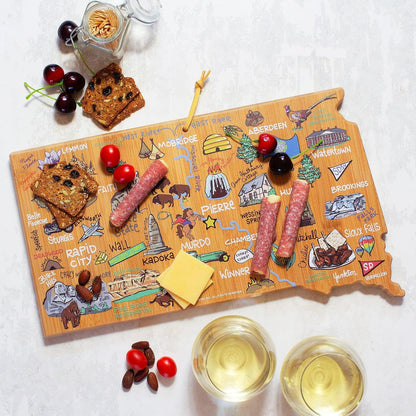 Tennessee State Shaped Cutting Board, Art by Fish Kiss | State charcuterie board with colorful hand-drawn map artwork. Smooth reverse side for food prep. Hang tie for wall display. - Colors B