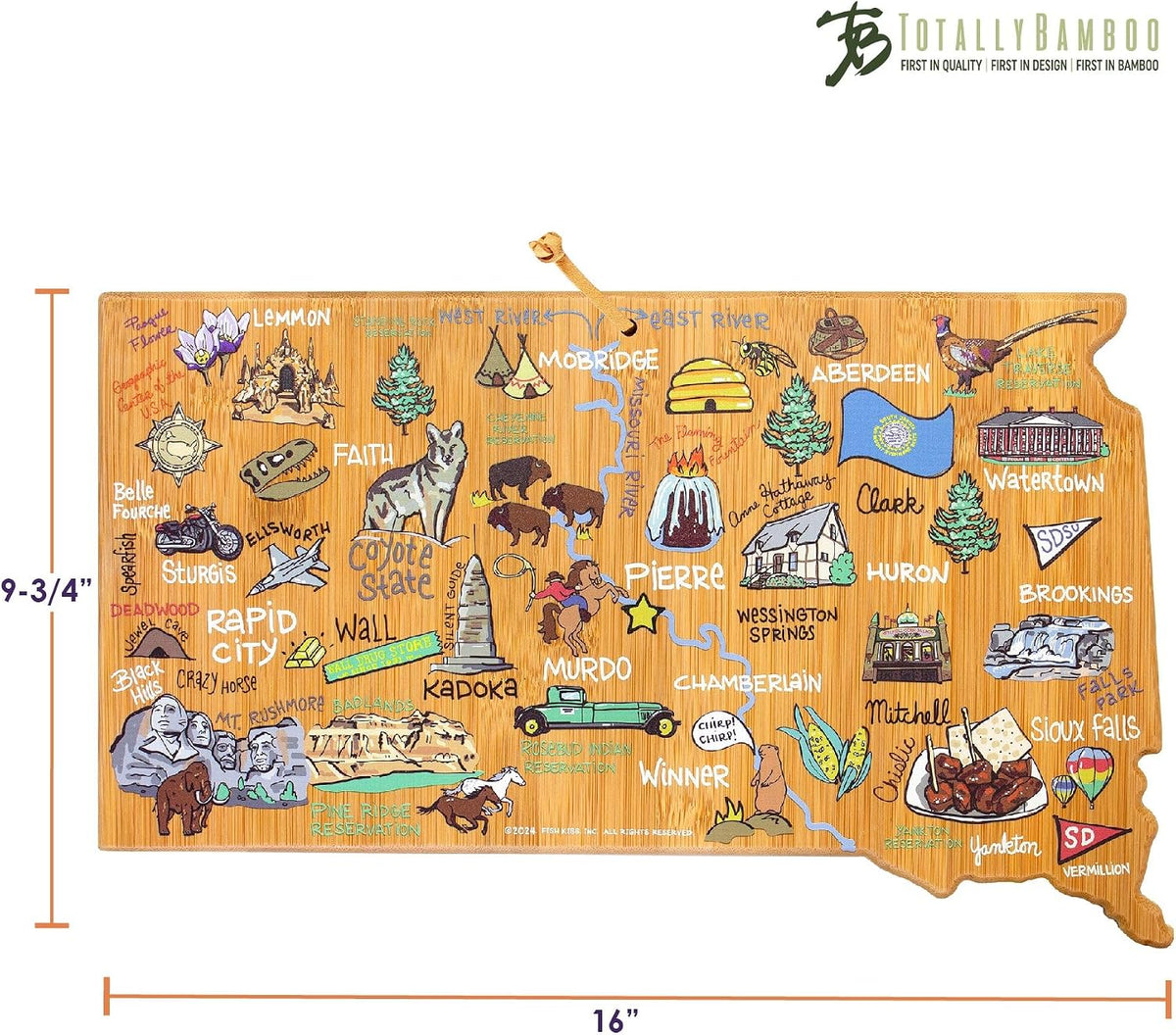 Tennessee State Shaped Cutting Board, Art by Fish Kiss | State charcuterie board with colorful hand-drawn map artwork. Smooth reverse side for food prep. Hang tie for wall display. - Colors B