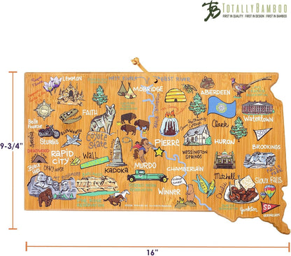 Tennessee State Shaped Cutting Board, Art by Fish Kiss | State charcuterie board with colorful hand-drawn map artwork. Smooth reverse side for food prep. Hang tie for wall display. - Colors B