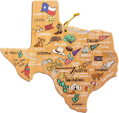 Tennessee State Shaped Cutting Board, Art by Fish Kiss | State charcuterie board with colorful hand-drawn map artwork. Smooth reverse side for food prep. Hang tie for wall display. - Colors B