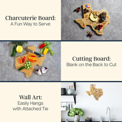Tennessee State Shaped Cutting Board, Art by Fish Kiss | State charcuterie board with colorful hand-drawn map artwork. Smooth reverse side for food prep. Hang tie for wall display. - Colors B