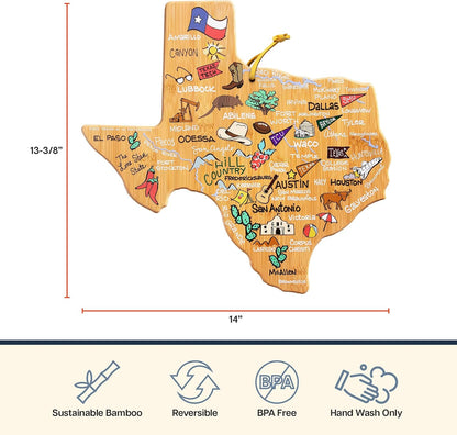 Tennessee State Shaped Cutting Board, Art by Fish Kiss | State charcuterie board with colorful hand-drawn map artwork. Smooth reverse side for food prep. Hang tie for wall display. - Colors B