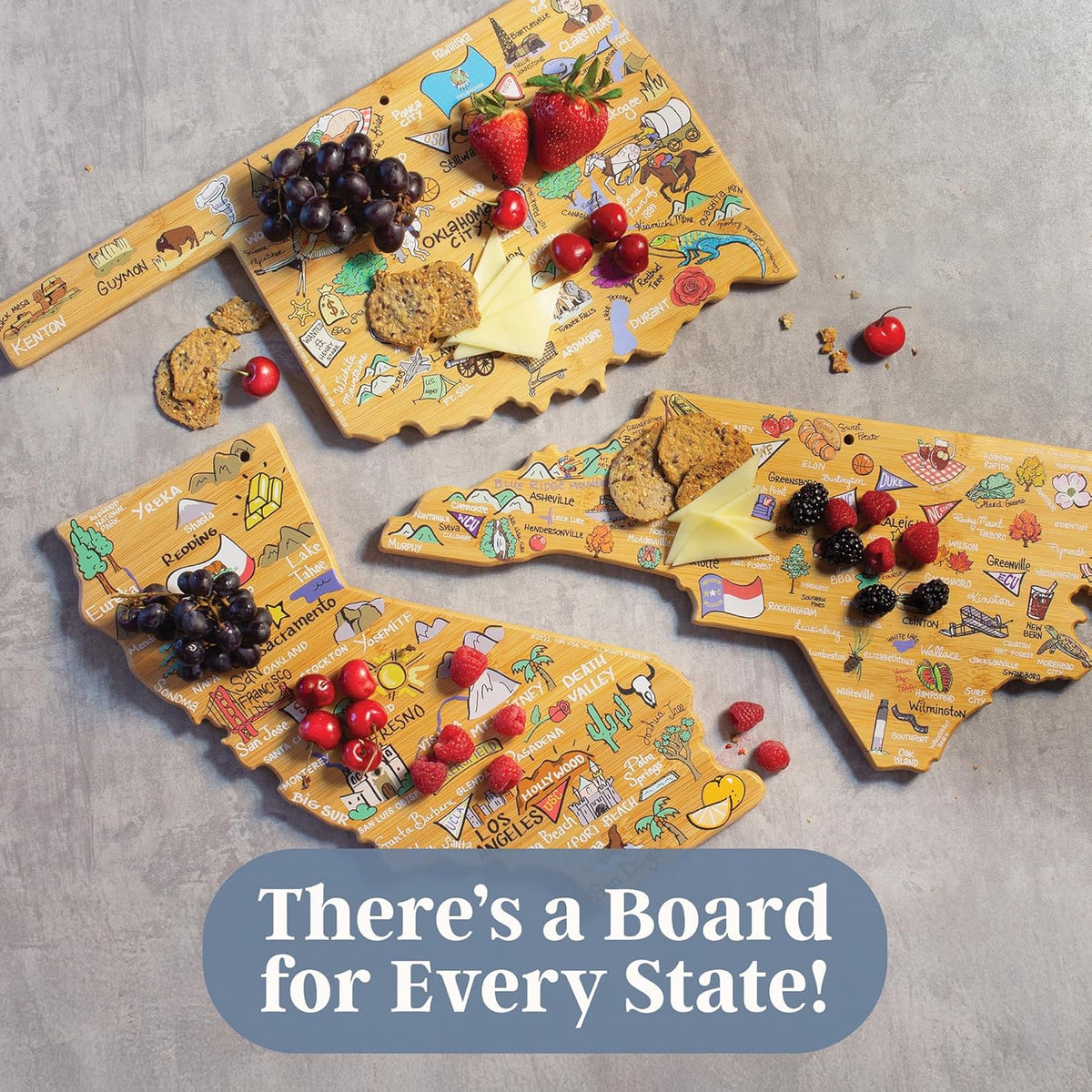 Tennessee State Shaped Cutting Board, Art by Fish Kiss | State charcuterie board with colorful hand-drawn map artwork. Smooth reverse side for food prep. Hang tie for wall display. - Colors B