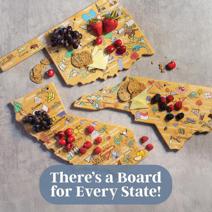 Tennessee State Shaped Cutting Board, Art by Fish Kiss | State charcuterie board with colorful hand-drawn map artwork. Smooth reverse side for food prep. Hang tie for wall display. - Colors B