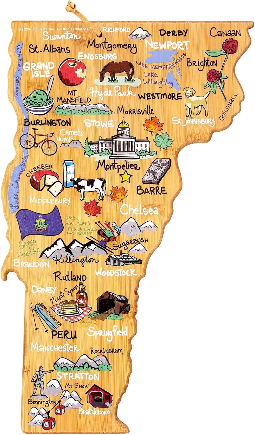 Tennessee State Shaped Cutting Board, Art by Fish Kiss | State charcuterie board with colorful hand-drawn map artwork. Smooth reverse side for food prep. Hang tie for wall display. - Colors B