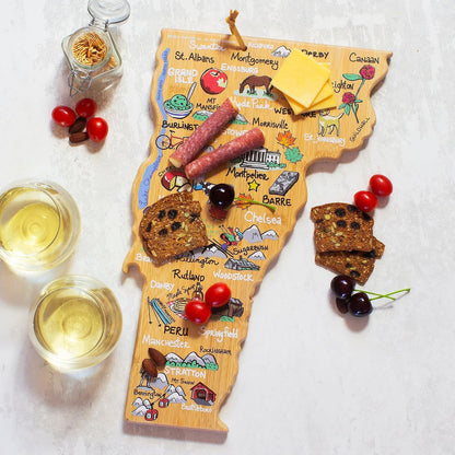 Tennessee State Shaped Cutting Board, Art by Fish Kiss | State charcuterie board with colorful hand-drawn map artwork. Smooth reverse side for food prep. Hang tie for wall display. - Colors B