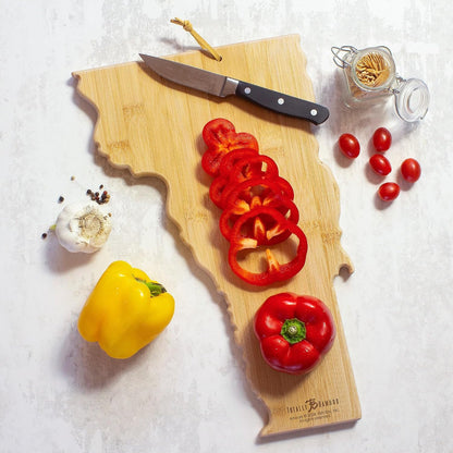 Tennessee State Shaped Cutting Board, Art by Fish Kiss | State charcuterie board with colorful hand-drawn map artwork. Smooth reverse side for food prep. Hang tie for wall display. - Colors B