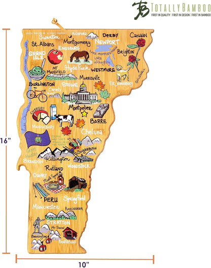 Tennessee State Shaped Cutting Board, Art by Fish Kiss | State charcuterie board with colorful hand-drawn map artwork. Smooth reverse side for food prep. Hang tie for wall display. - Colors B