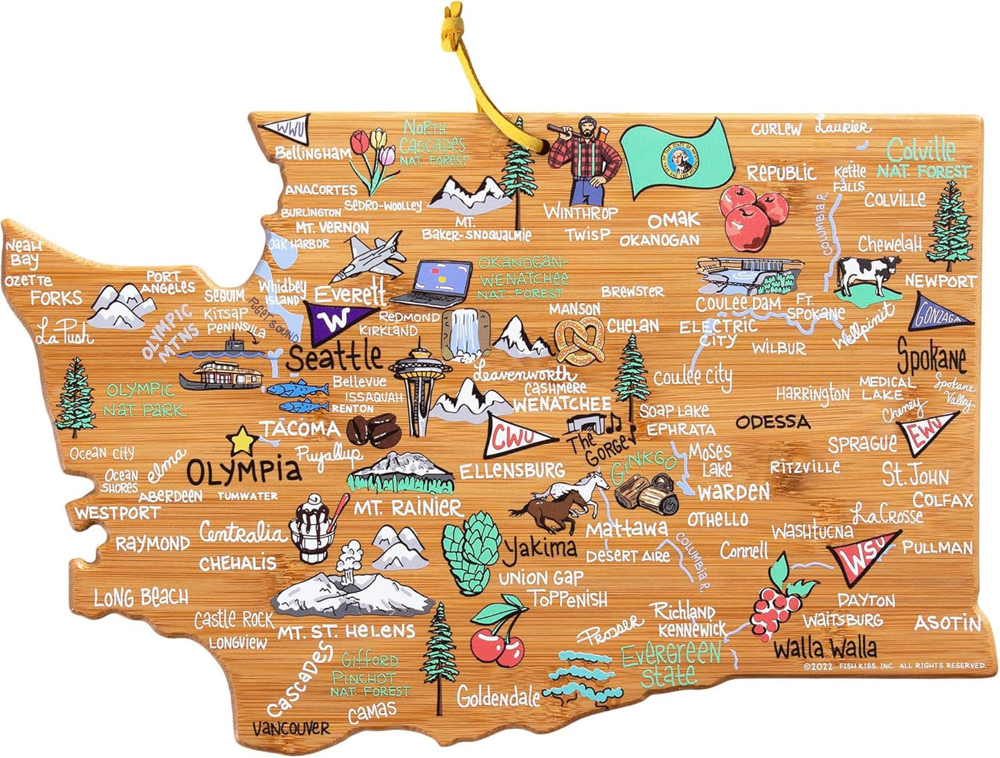 Tennessee State Shaped Cutting Board, Art by Fish Kiss | State charcuterie board with colorful hand-drawn map artwork. Smooth reverse side for food prep. Hang tie for wall display. - Colors B