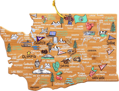 Tennessee State Shaped Cutting Board, Art by Fish Kiss | State charcuterie board with colorful hand-drawn map artwork. Smooth reverse side for food prep. Hang tie for wall display. - Colors B