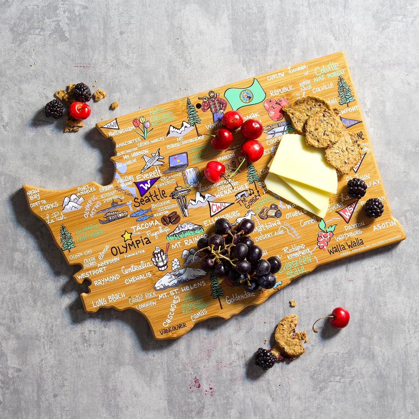 Tennessee State Shaped Cutting Board, Art by Fish Kiss | State charcuterie board with colorful hand-drawn map artwork. Smooth reverse side for food prep. Hang tie for wall display. - Colors B