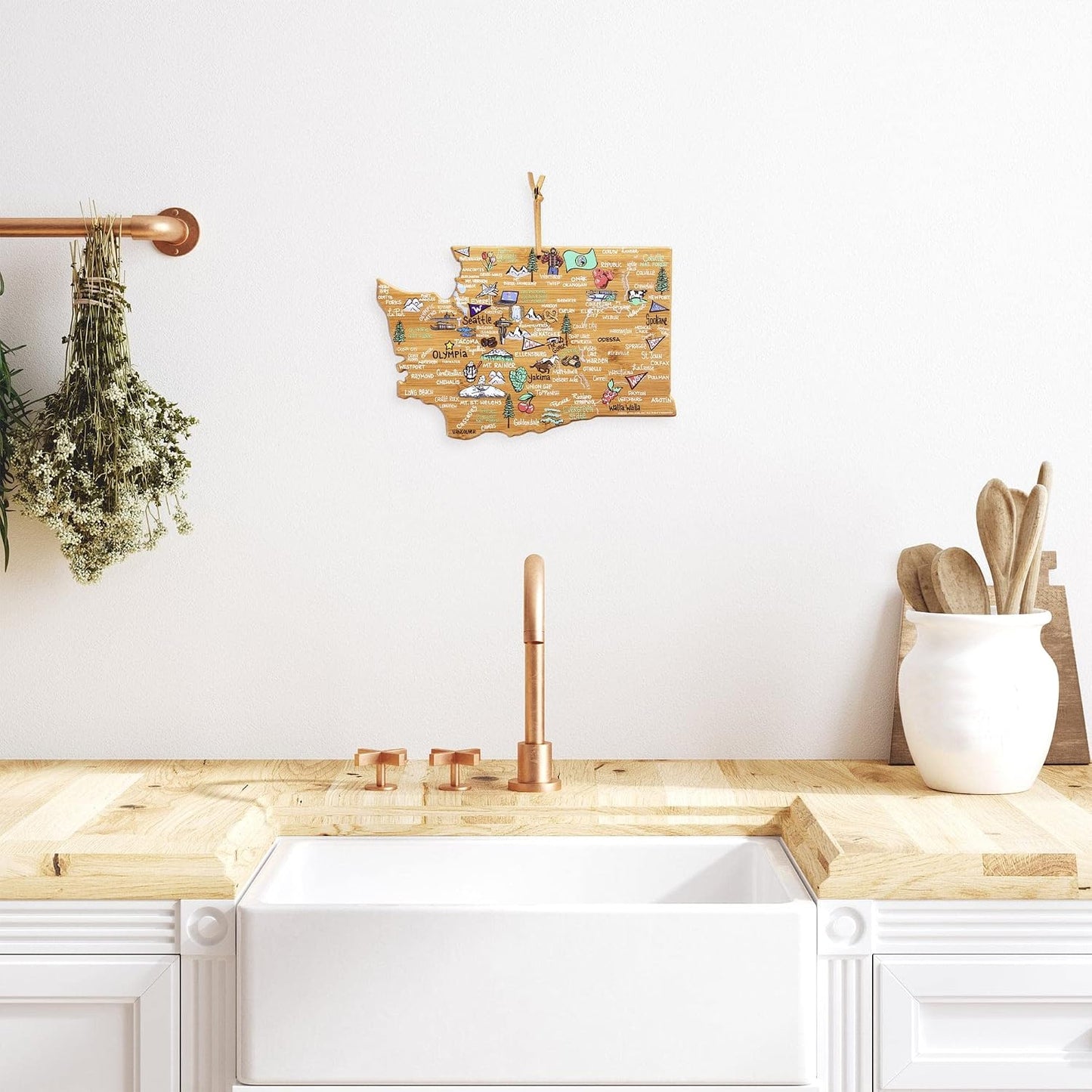 Tennessee State Shaped Cutting Board, Art by Fish Kiss | State charcuterie board with colorful hand-drawn map artwork. Smooth reverse side for food prep. Hang tie for wall display. - Colors B