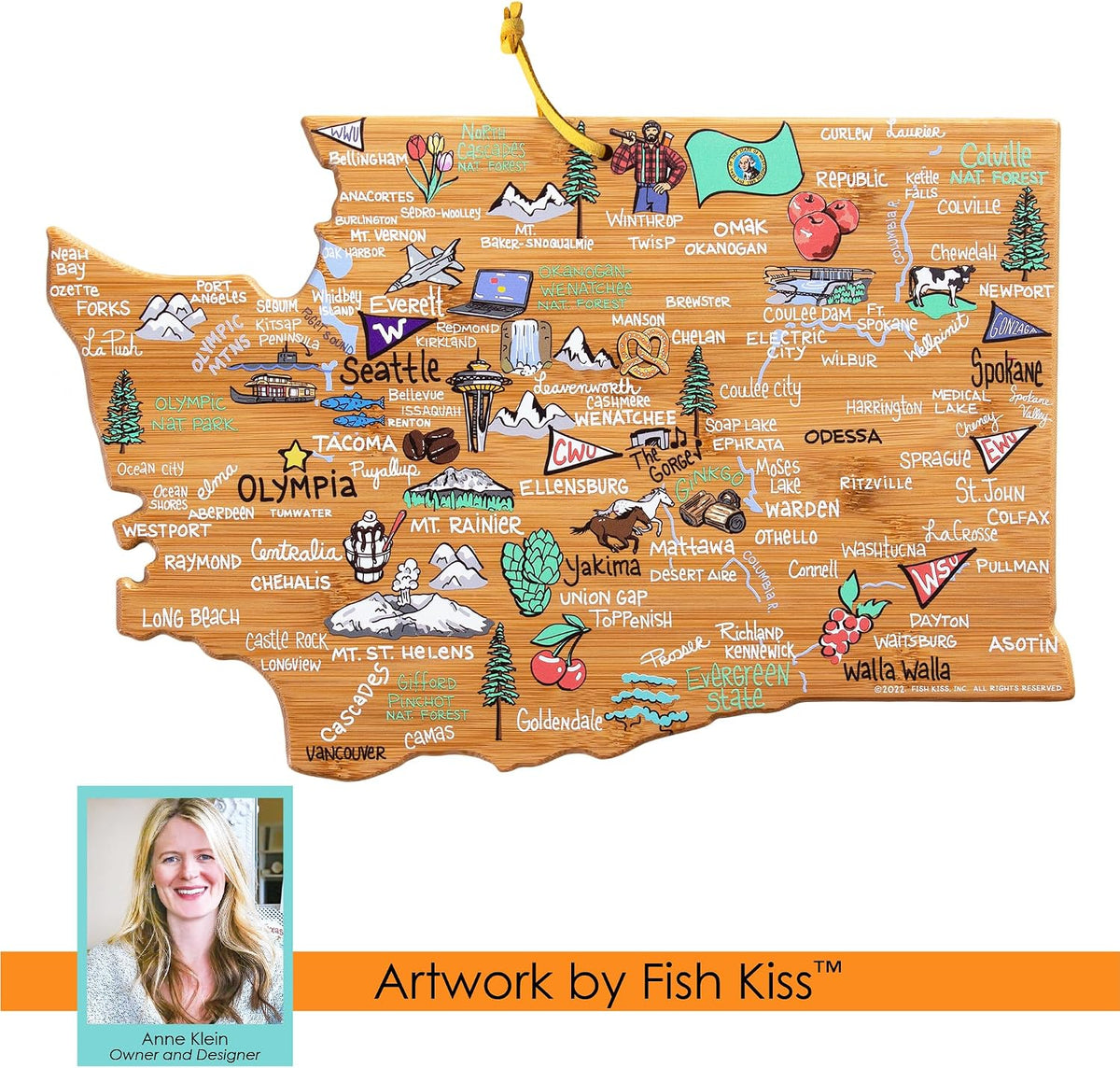 Tennessee State Shaped Cutting Board, Art by Fish Kiss | State charcuterie board with colorful hand-drawn map artwork. Smooth reverse side for food prep. Hang tie for wall display. - Colors B