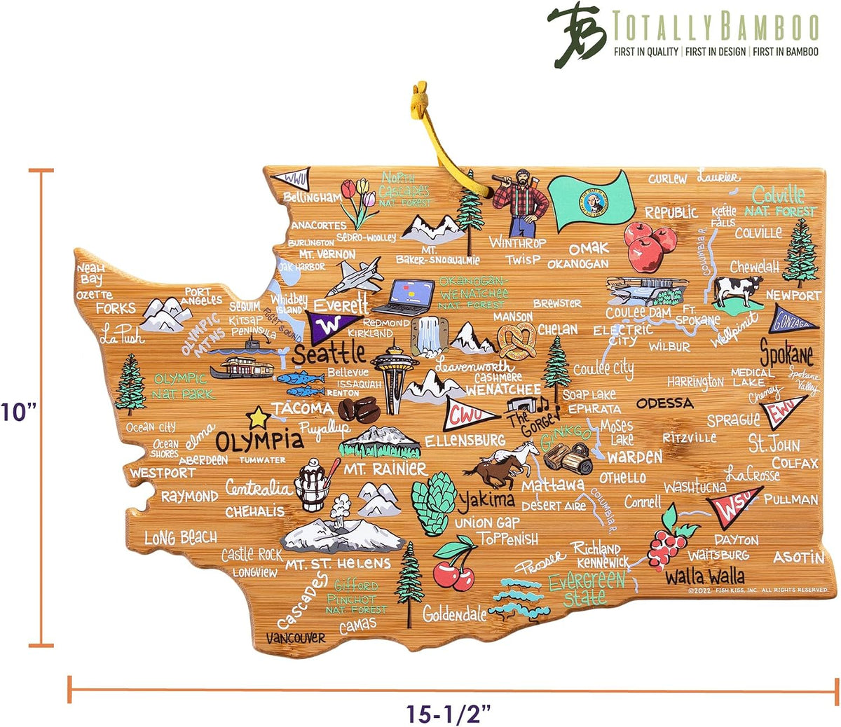 Tennessee State Shaped Cutting Board, Art by Fish Kiss | State charcuterie board with colorful hand-drawn map artwork. Smooth reverse side for food prep. Hang tie for wall display. - Colors B