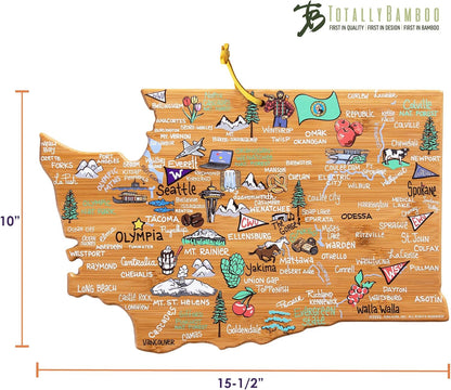 Tennessee State Shaped Cutting Board, Art by Fish Kiss | State charcuterie board with colorful hand-drawn map artwork. Smooth reverse side for food prep. Hang tie for wall display. - Colors B