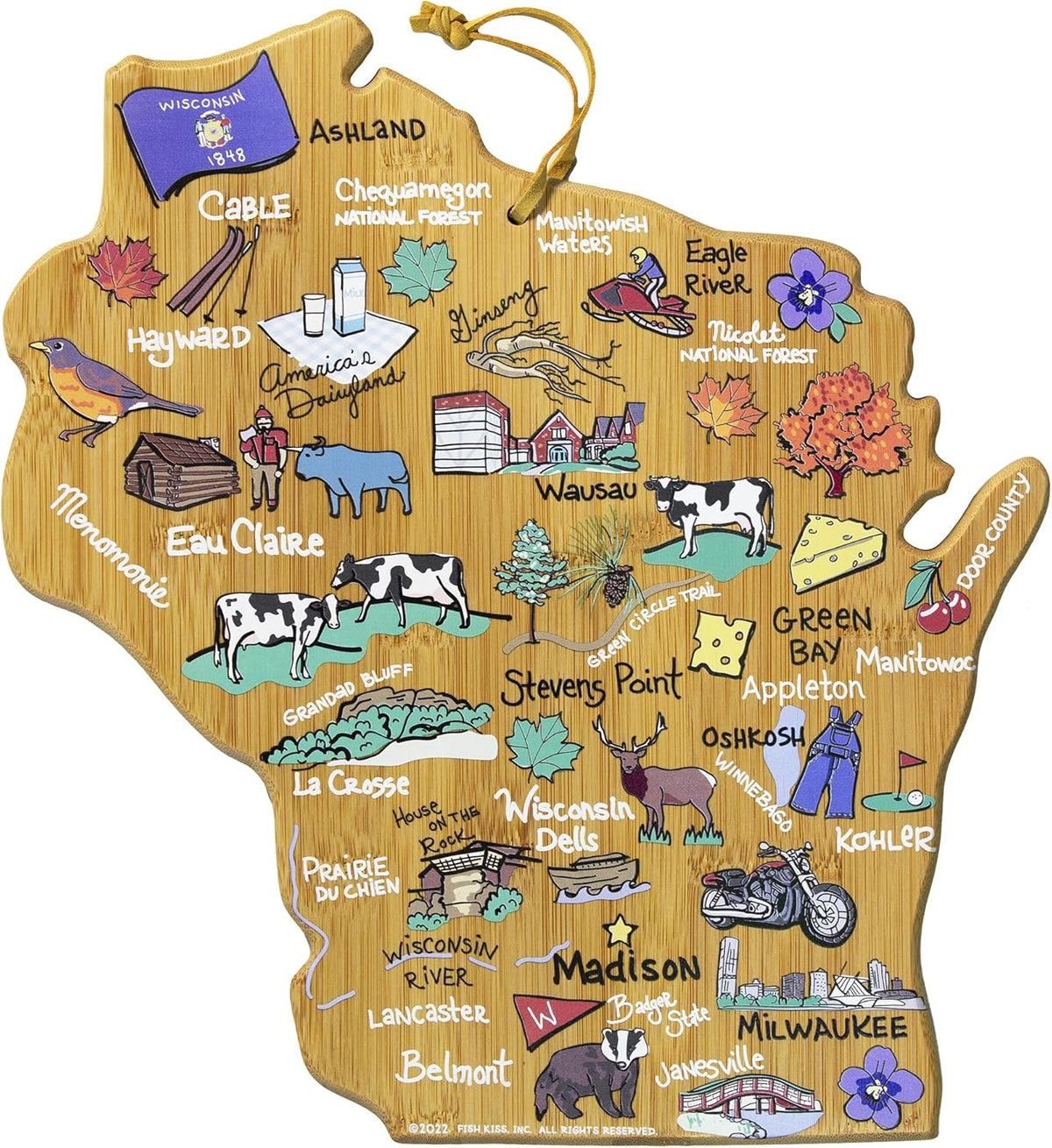 Tennessee State Shaped Cutting Board, Art by Fish Kiss | State charcuterie board with colorful hand-drawn map artwork. Smooth reverse side for food prep. Hang tie for wall display. - Colors B