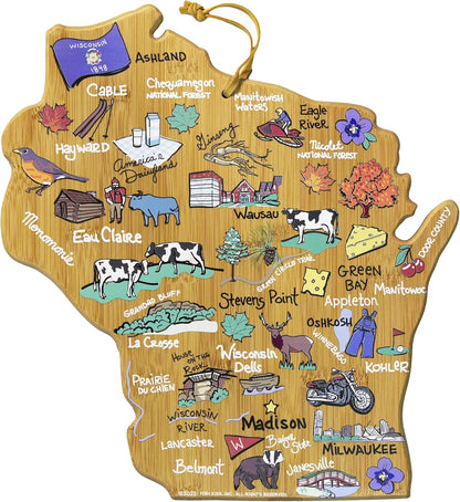 Tennessee State Shaped Cutting Board, Art by Fish Kiss | State charcuterie board with colorful hand-drawn map artwork. Smooth reverse side for food prep. Hang tie for wall display. - Colors B