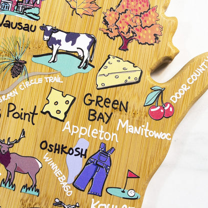 Tennessee State Shaped Cutting Board, Art by Fish Kiss | State charcuterie board with colorful hand-drawn map artwork. Smooth reverse side for food prep. Hang tie for wall display. - Colors B