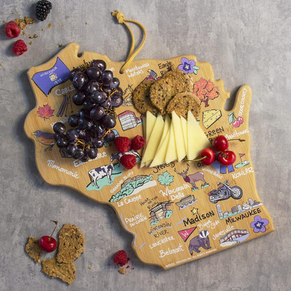 Tennessee State Shaped Cutting Board, Art by Fish Kiss | State charcuterie board with colorful hand-drawn map artwork. Smooth reverse side for food prep. Hang tie for wall display. - Colors B