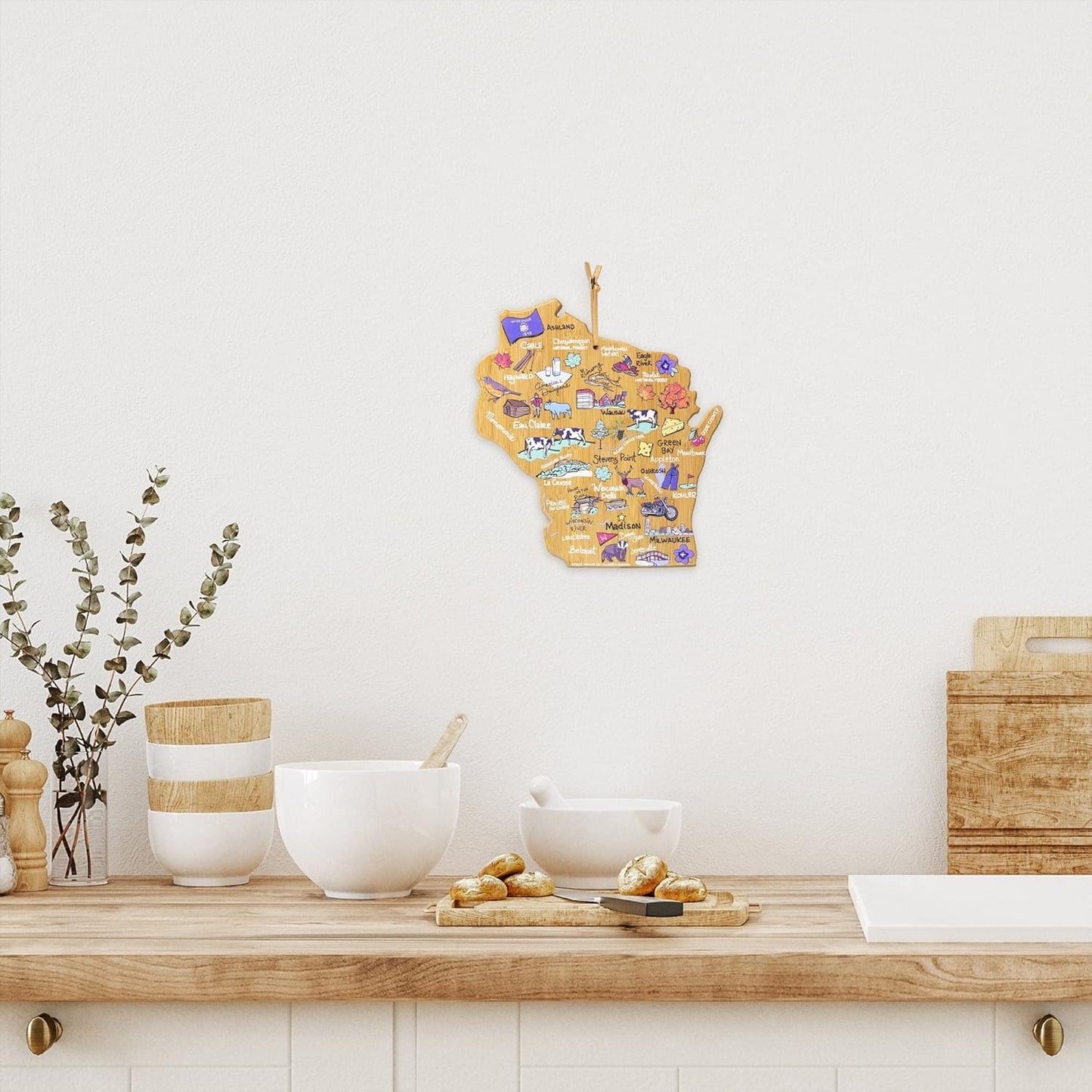 Tennessee State Shaped Cutting Board, Art by Fish Kiss | State charcuterie board with colorful hand-drawn map artwork. Smooth reverse side for food prep. Hang tie for wall display. - Colors B