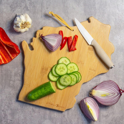 Tennessee State Shaped Cutting Board, Art by Fish Kiss | State charcuterie board with colorful hand-drawn map artwork. Smooth reverse side for food prep. Hang tie for wall display. - Colors B