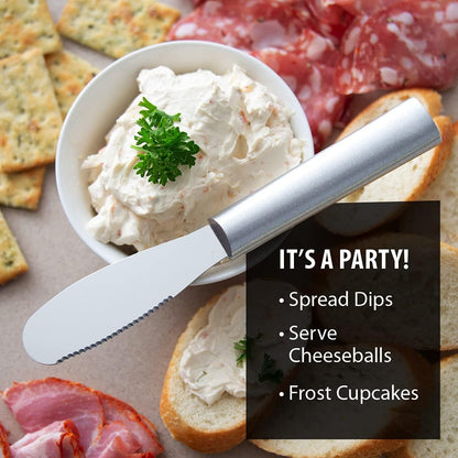 Party Spreader Knife (R135), Silver Handle | 3.38" Stainless Steel Shallow Serrated Edge Blade, Silver Cast Aluminum Handle