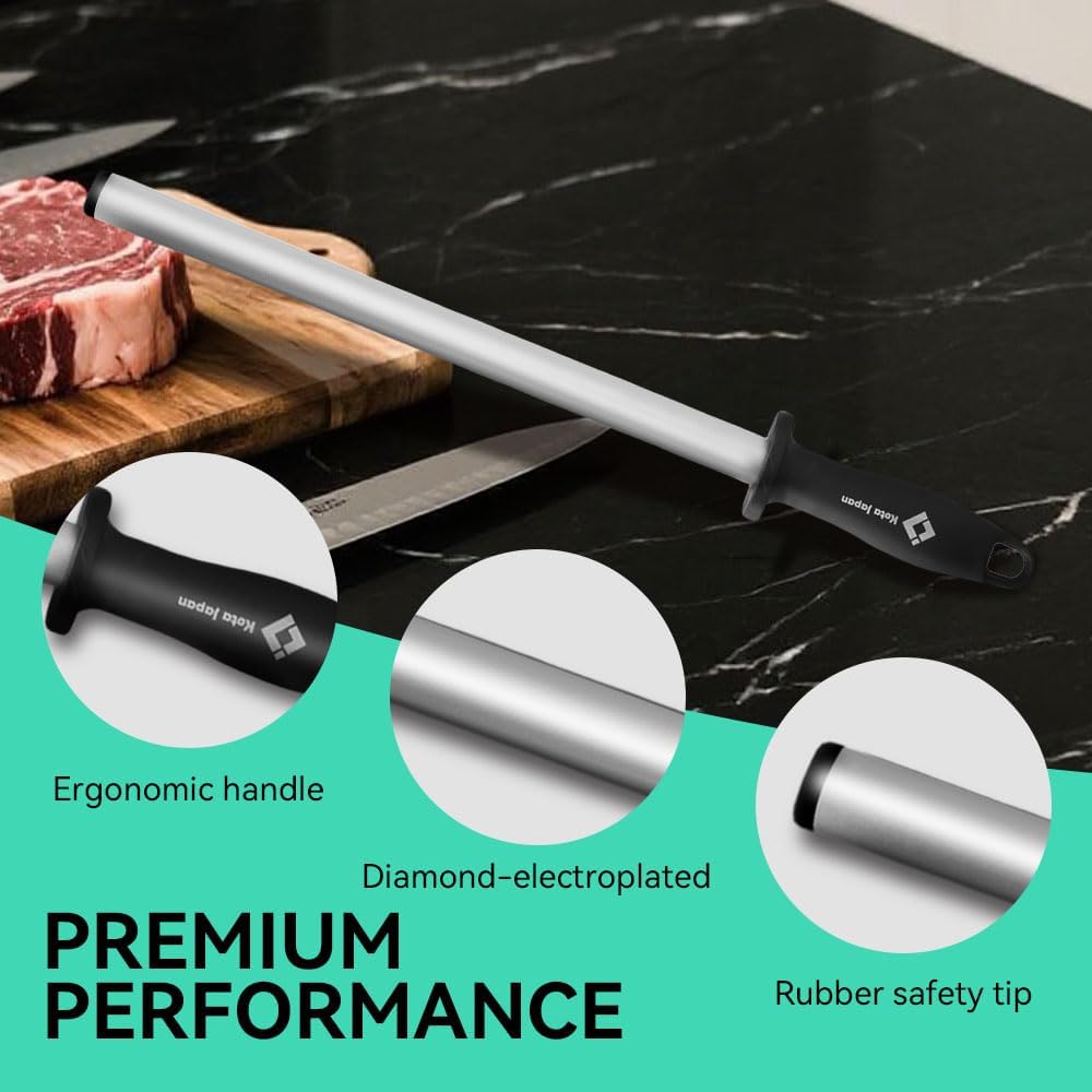 10.6 in Diamond Coated Carbon Steel Knife Sharpening Honing Rod | For kitchen and hunting knives. Diamond coated carbon steel rod for consistent, reliable sharpening and honing every time.