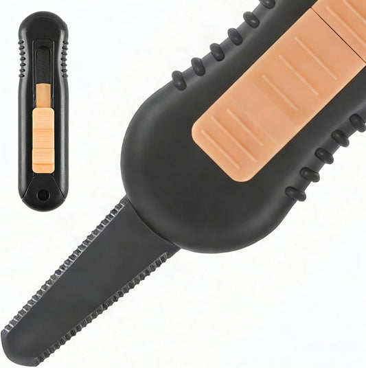 Box Cutter with Serrated Blade, Retractable Box Opener, Multi Purpose Utility Knife for Opening Packages, Papers, Tapes, Cardboard, Non-Stick, Black & Yellow