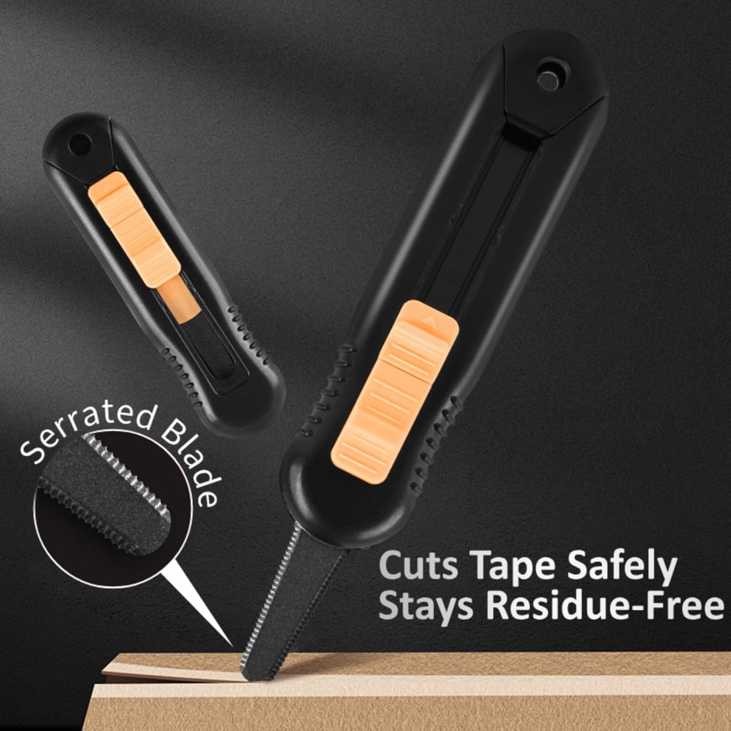 Box Cutter with Serrated Blade, Retractable Box Opener, Multi Purpose Utility Knife for Opening Packages, Papers, Tapes, Cardboard, Non-Stick, Black & Yellow