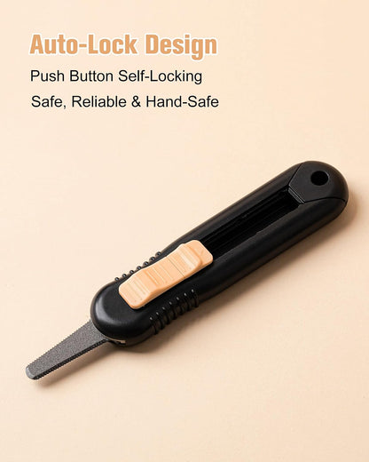 Box Cutter with Serrated Blade, Retractable Box Opener, Multi Purpose Utility Knife for Opening Packages, Papers, Tapes, Cardboard, Non-Stick, Black & Yellow