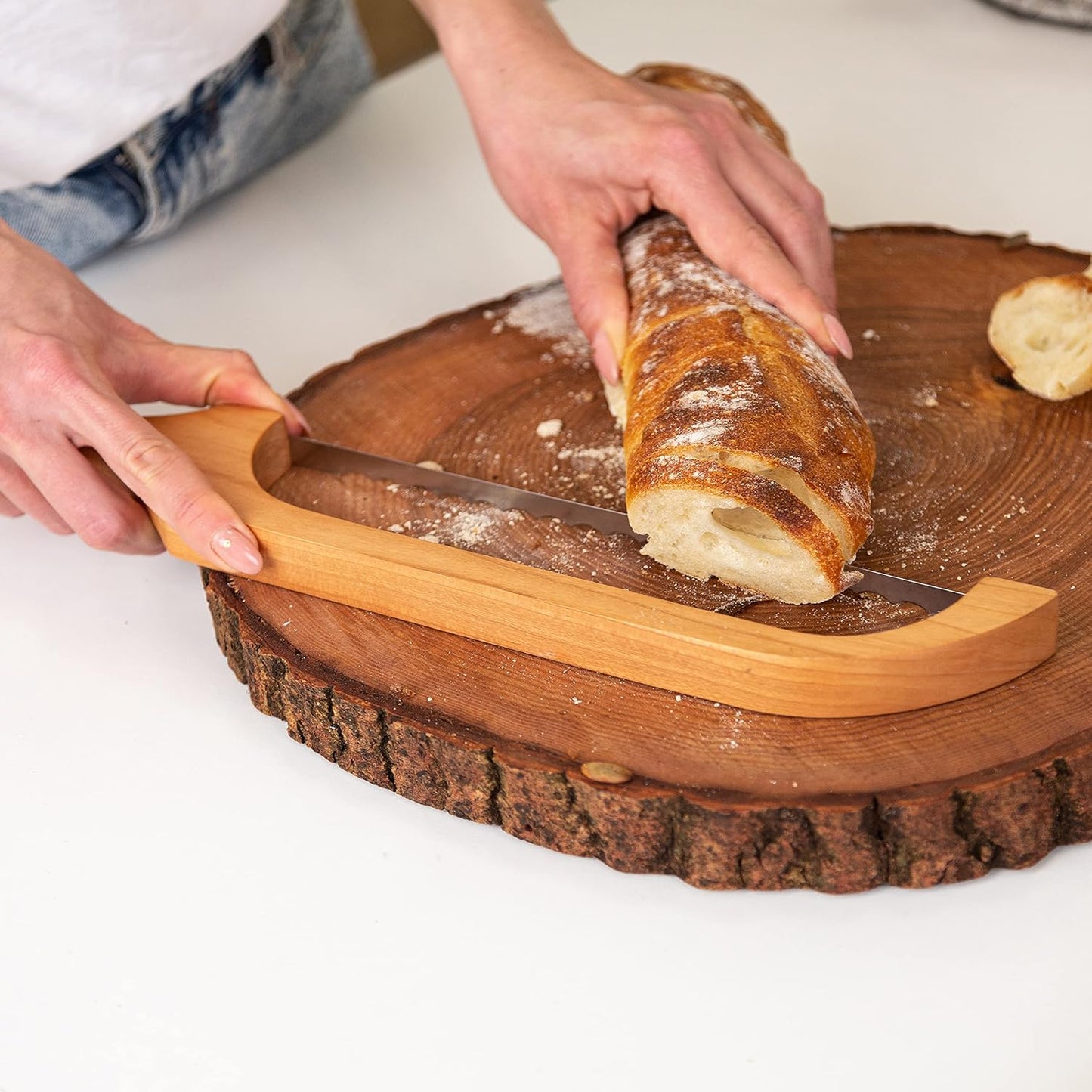 Wooden Bread Bow Knife Cherry 16" - Bagel & Sourdough Slicer Cutter | Cuts thin even slices, comfortable bow-shaped grip, right-handed design