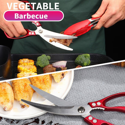Heavy duty kitchen scissors 2-pack,High Stainless Steel sharp blade,Dishwasher safe meat scissors Cooking shear for Chicken Fish Meat Color RED SILVER