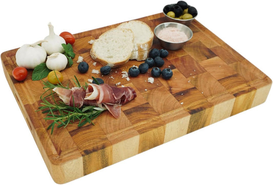 Mahogany End Grain Cutting Chopping Board, Juice Groove, 14 x 10 x 1.5 In | Thick end-grain mahogany, knife-friendly, reversible, deep juice groove for steak, carving, meat, bread, cheese & charcuterie