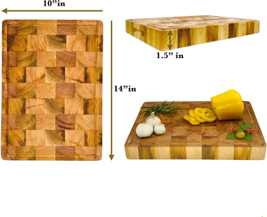 Mahogany End Grain Cutting Chopping Board, Juice Groove, 14 x 10 x 1.5 In | Thick end-grain mahogany, knife-friendly, reversible, deep juice groove for steak, carving, meat, bread, cheese & charcuterie