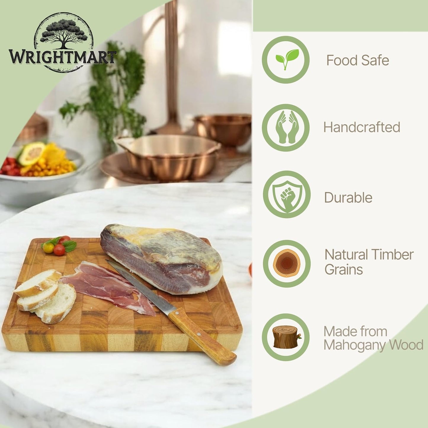 Mahogany End Grain Cutting Chopping Board, Juice Groove, 14 x 10 x 1.5 In | Thick end-grain mahogany, knife-friendly, reversible, deep juice groove for steak, carving, meat, bread, cheese & charcuterie
