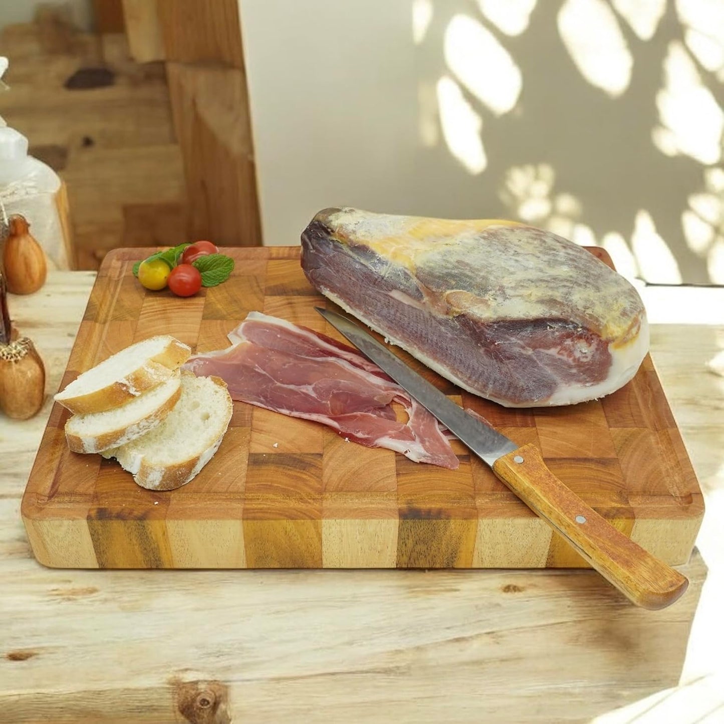 Mahogany End Grain Cutting Chopping Board, Juice Groove, 14 x 10 x 1.5 In | Thick end-grain mahogany, knife-friendly, reversible, deep juice groove for steak, carving, meat, bread, cheese & charcuterie