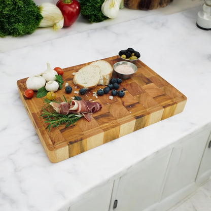 Mahogany End Grain Cutting Chopping Board, Juice Groove, 14 x 10 x 1.5 In | Thick end-grain mahogany, knife-friendly, reversible, deep juice groove for steak, carving, meat, bread, cheese & charcuterie