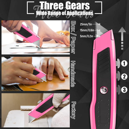Box Cutter, 2 Pack Utility Knife, Box Cutter Retractable, Pink | Pink box cutter for Cardboard, Packages, Office, Garage, Crafts, 10 SK5 extra box cutter blades support quick replacement
