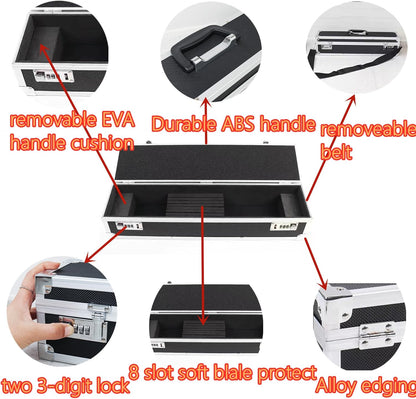 Chef’s Knife Case Aluminum Hard Case with Dual Combination Locks Cultery Carrier Portable Knife Organizer Block Holders Protectors With 8 Slots Can Hold Home Kitchen Knife Tools Up To 17.5”