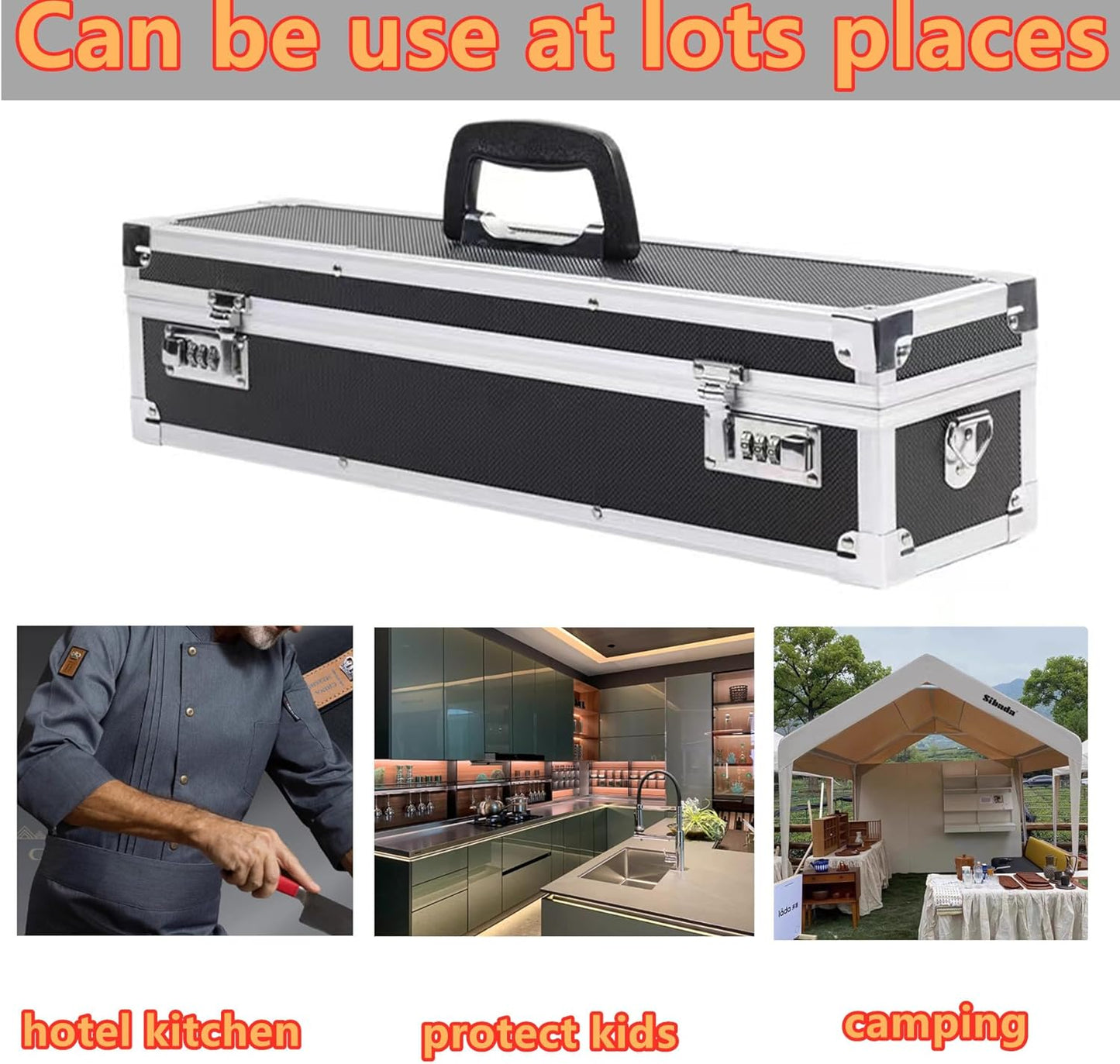 Chef’s Knife Case Aluminum Hard Case with Dual Combination Locks Cultery Carrier Portable Knife Organizer Block Holders Protectors With 8 Slots Can Hold Home Kitchen Knife Tools Up To 17.5”
