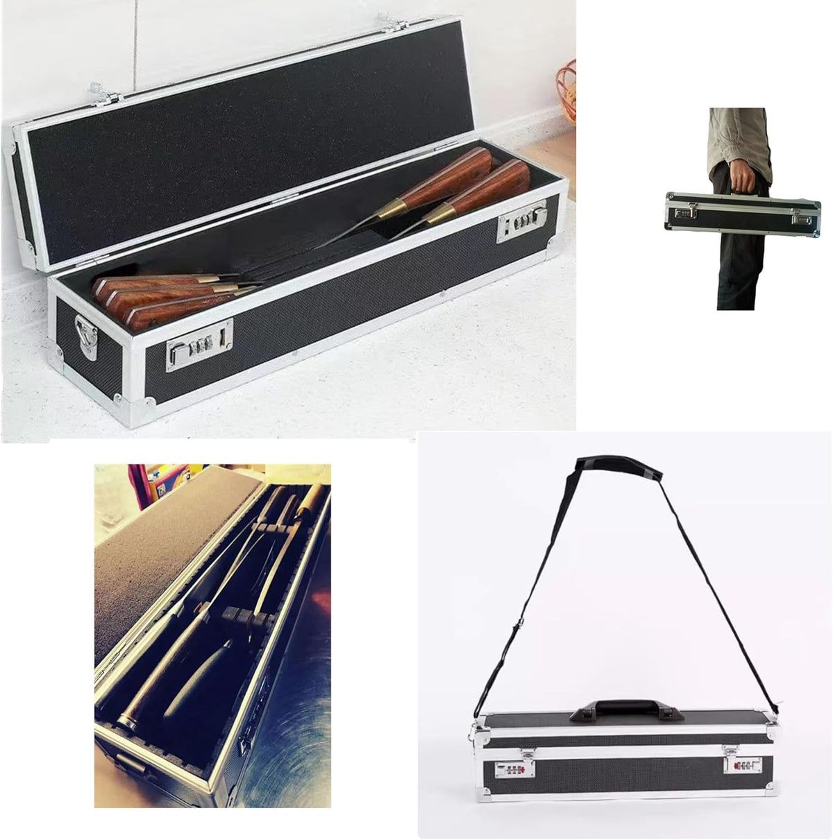 Chef’s Knife Case Aluminum Hard Case with Dual Combination Locks Cultery Carrier Portable Knife Organizer Block Holders Protectors With 8 Slots Can Hold Home Kitchen Knife Tools Up To 17.5”