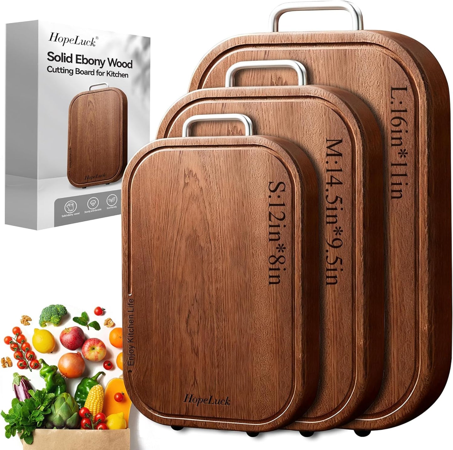 3Pack Wood Cutting Board, Solid Ebony Wooden Cutting Boards for Kitchen, Double-Sided Butcher Block with Juice Groove, Non-Slip Feet, 1" Thick Chopping Board for Meat and Vegetables