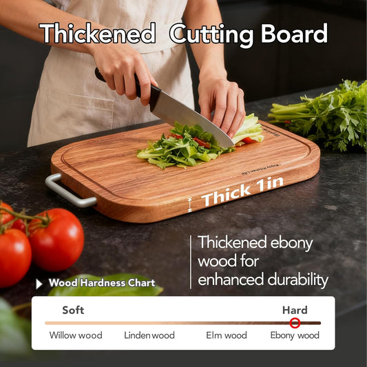 3Pack Wood Cutting Board, Solid Ebony Wooden Cutting Boards for Kitchen, Double-Sided Butcher Block with Juice Groove, Non-Slip Feet, 1" Thick Chopping Board for Meat and Vegetables