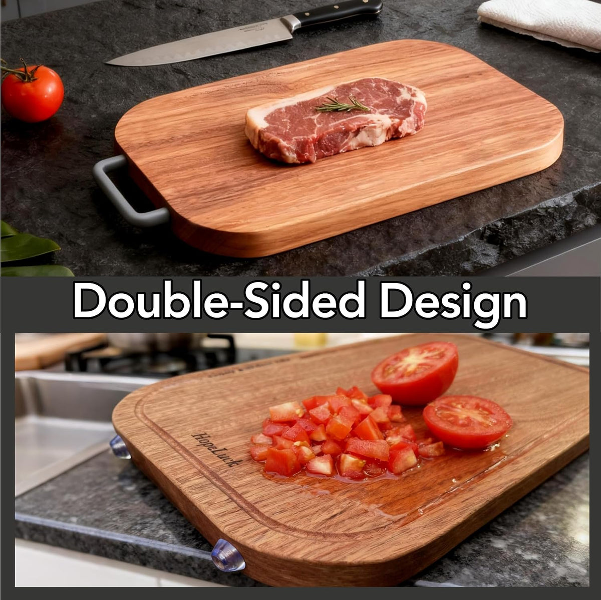 3Pack Wood Cutting Board, Solid Ebony Wooden Cutting Boards for Kitchen, Double-Sided Butcher Block with Juice Groove, Non-Slip Feet, 1" Thick Chopping Board for Meat and Vegetables
