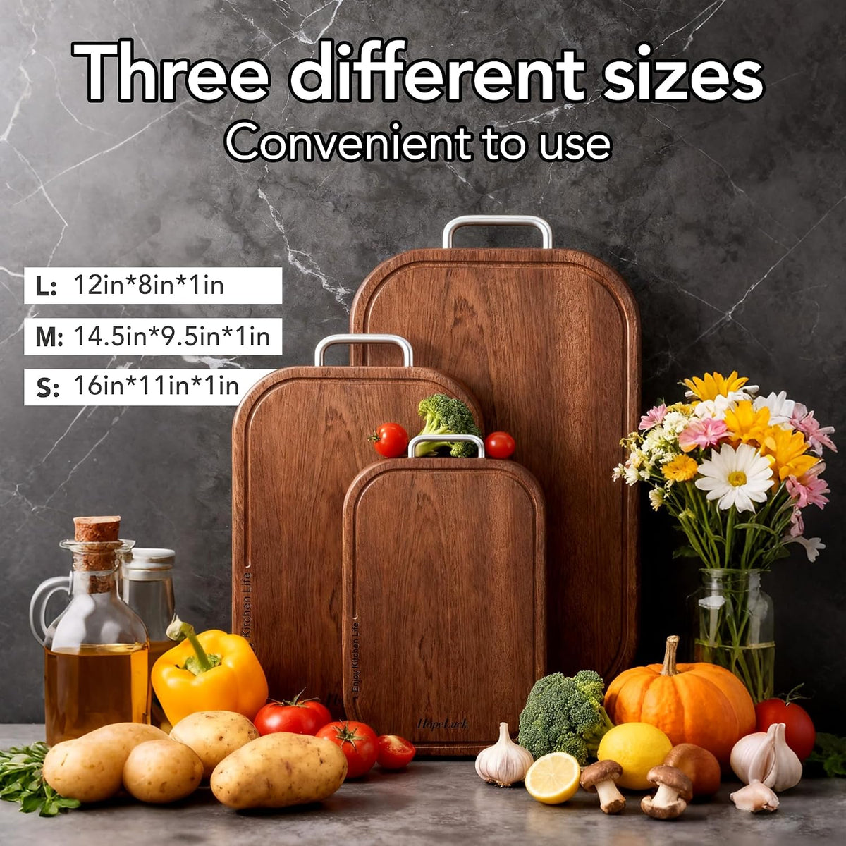 3Pack Wood Cutting Board, Solid Ebony Wooden Cutting Boards for Kitchen, Double-Sided Butcher Block with Juice Groove, Non-Slip Feet, 1" Thick Chopping Board for Meat and Vegetables