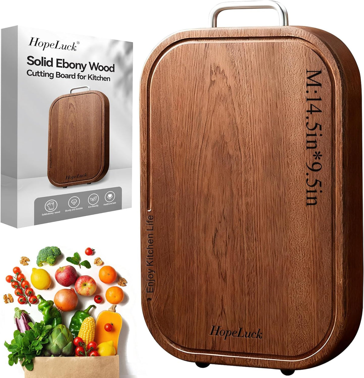 3Pack Wood Cutting Board, Solid Ebony Wooden Cutting Boards for Kitchen, Double-Sided Butcher Block with Juice Groove, Non-Slip Feet, 1" Thick Chopping Board for Meat and Vegetables