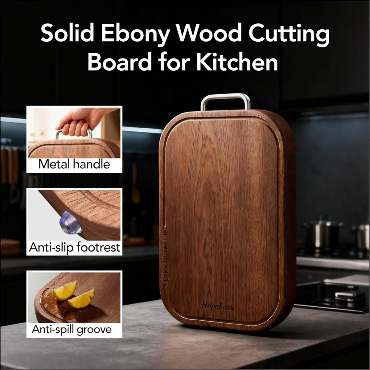 3Pack Wood Cutting Board, Solid Ebony Wooden Cutting Boards for Kitchen, Double-Sided Butcher Block with Juice Groove, Non-Slip Feet, 1" Thick Chopping Board for Meat and Vegetables